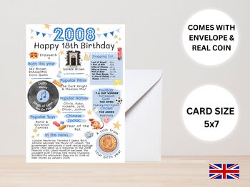 18th Birthday Card With 2008 Coin And Envelope Choose Your Colour, 2 of 3