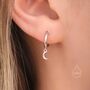 Sterling Silver Extra Skinny Moon Dangle Huggie Hoop Earrings, thumbnail 2 of 11