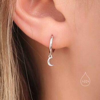Sterling Silver Extra Skinny Moon Dangle Huggie Hoop Earrings, 2 of 11