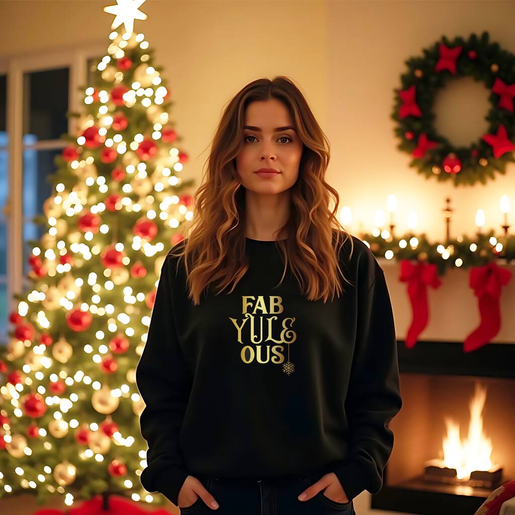 Black Christmas Jumper With Gold ‘Fab Yule Ous’ Slogan, 1 of 7