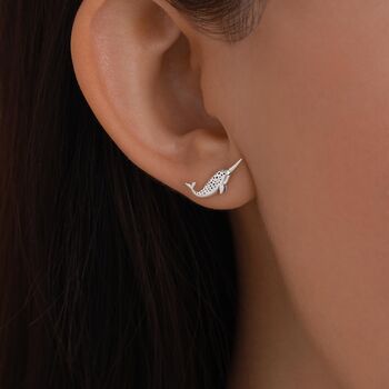 Mismatched Narwhal Unicorn Whale And Dolphin Stud Earrings In Sterling Silver, 3 of 12