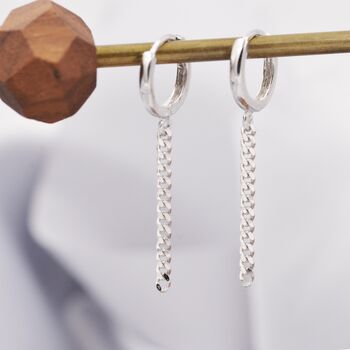 Sterling Silver Dangling Chain Huggie Hoop Earrings, 3 of 11