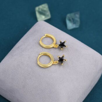 Sterling Silver Black Cz Star Huggie Hoop Earrings, 6 of 12