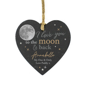 Personalised Slate Heart Hanging Decoration – I Love You To The Moon And Back Gift, 3 of 3