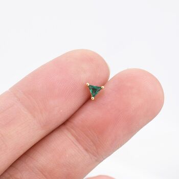 Tiny Emerald Green Cz Triangle Stud Earrings, 5 of 10