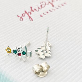 Personalised Sterling Silver Christmas Tree Stud Earrings With Jewels, 2 of 3