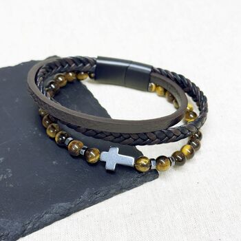 Personalised Men's Tiger's Eye And Leather Bracelet, 2 of 6
