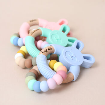 Bunny Teether Personalised Silicone And Wood, 9 of 10