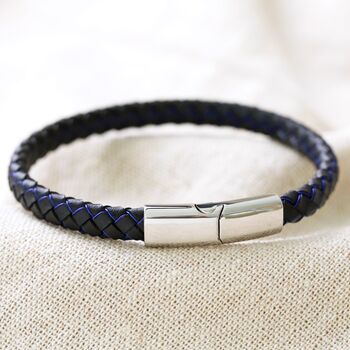 Men's Leather Black And Blue Woven Bracelet, 6 of 8
