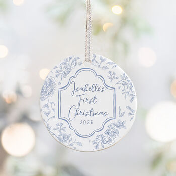 Baby's First Christmas Personalised Floral Ceramic Tree Decoration Pink Or Blue, 2 of 4