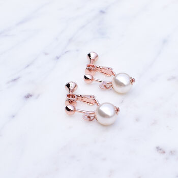 Rose Gold Plated Round Pearl Clip On Earrings, 2 of 4