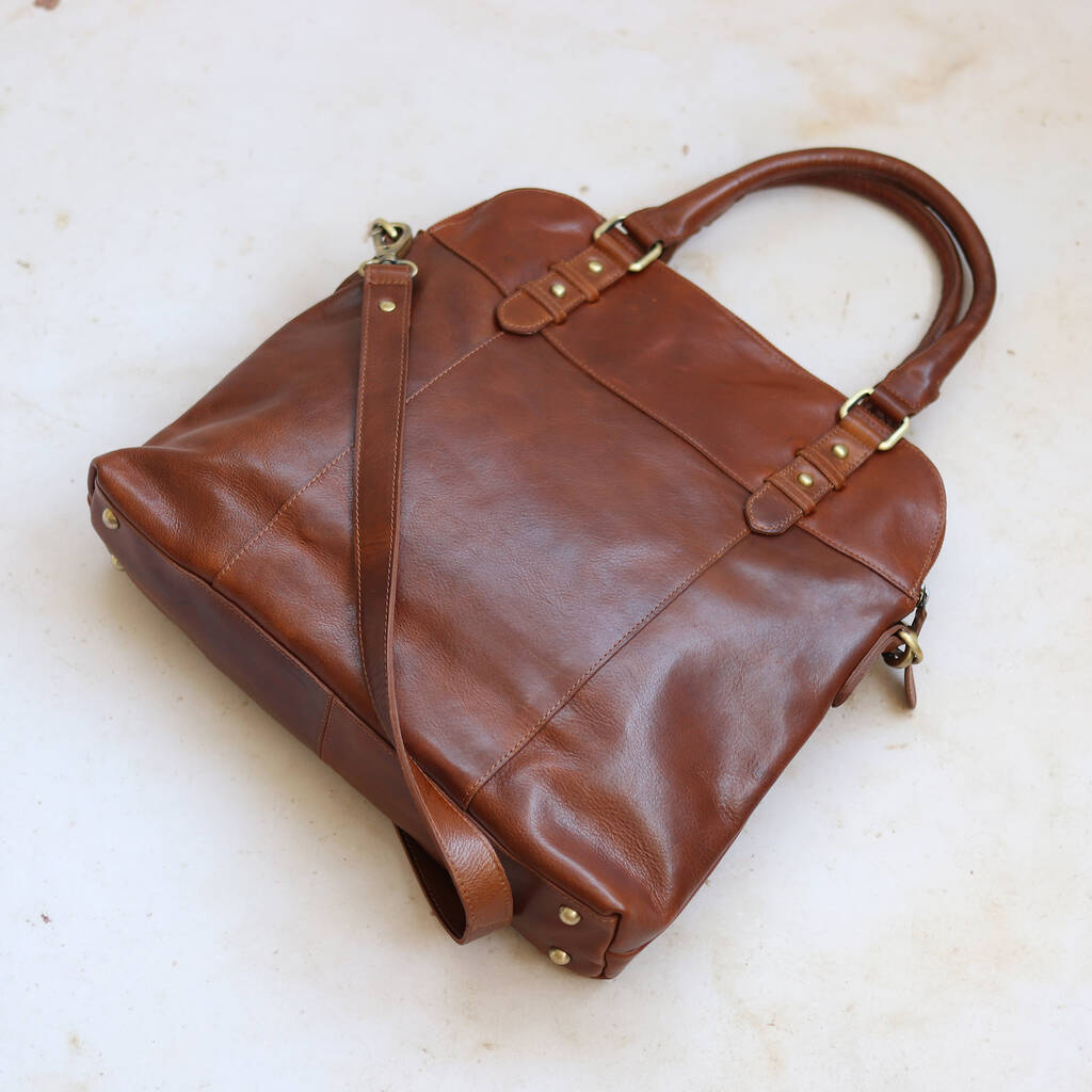 Leather Tote Bag With Crossbody Strap, Tan By The Leather Store