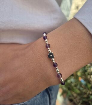 Sterling Silver February Amethyst Beaded Bracelet: February Birthstone Personalised Initial Heart, 3 of 5
