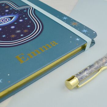 Personalised Hamsa Notebook And Crystal Pen Gratitude Diary Planner, 2 of 7