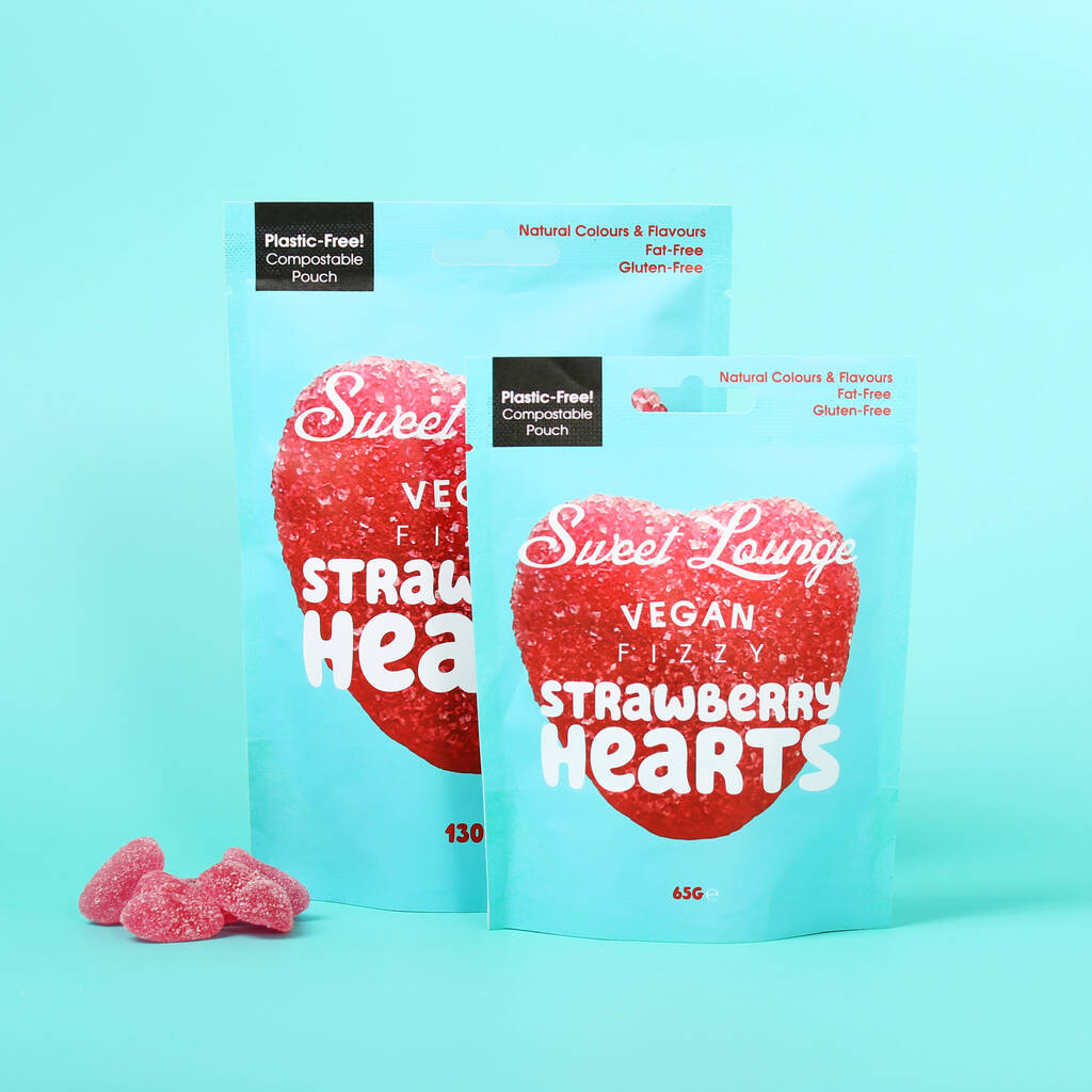 Vegan Fizzy Strawberry Hearts. 65g And 130g Packs, 1 of 4