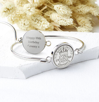 Sixpence 1946 80th Birthday Bangle Bracelet, 2 of 10