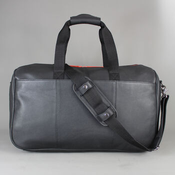 Black Leather Wide Opening Weekend Bag With Orange Zip, 5 of 9