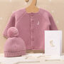 Luxury Dawn Pink Bobble Hat And Cardigan Baby Gift Set, thumbnail 1 of 10