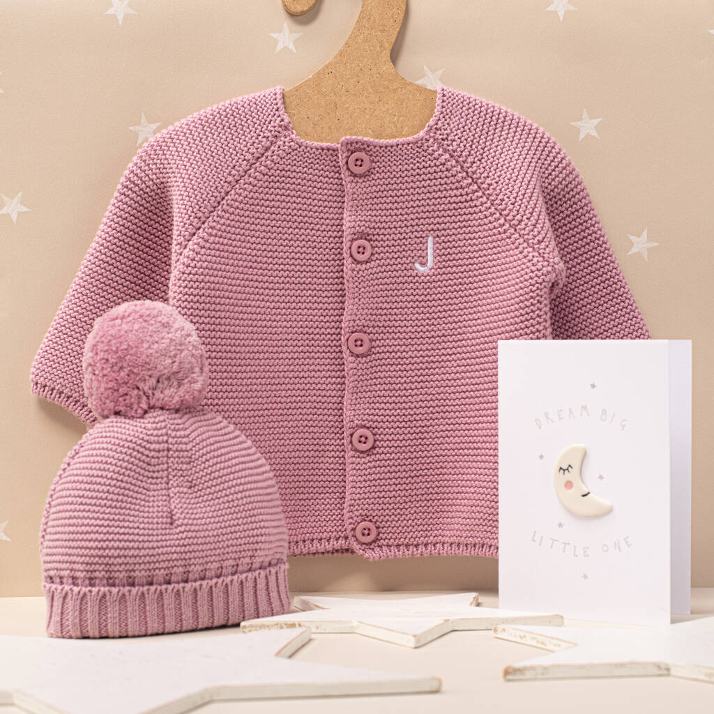 Luxury Dawn Pink Bobble Hat And Cardigan Baby Gift Set, 1 of 10
