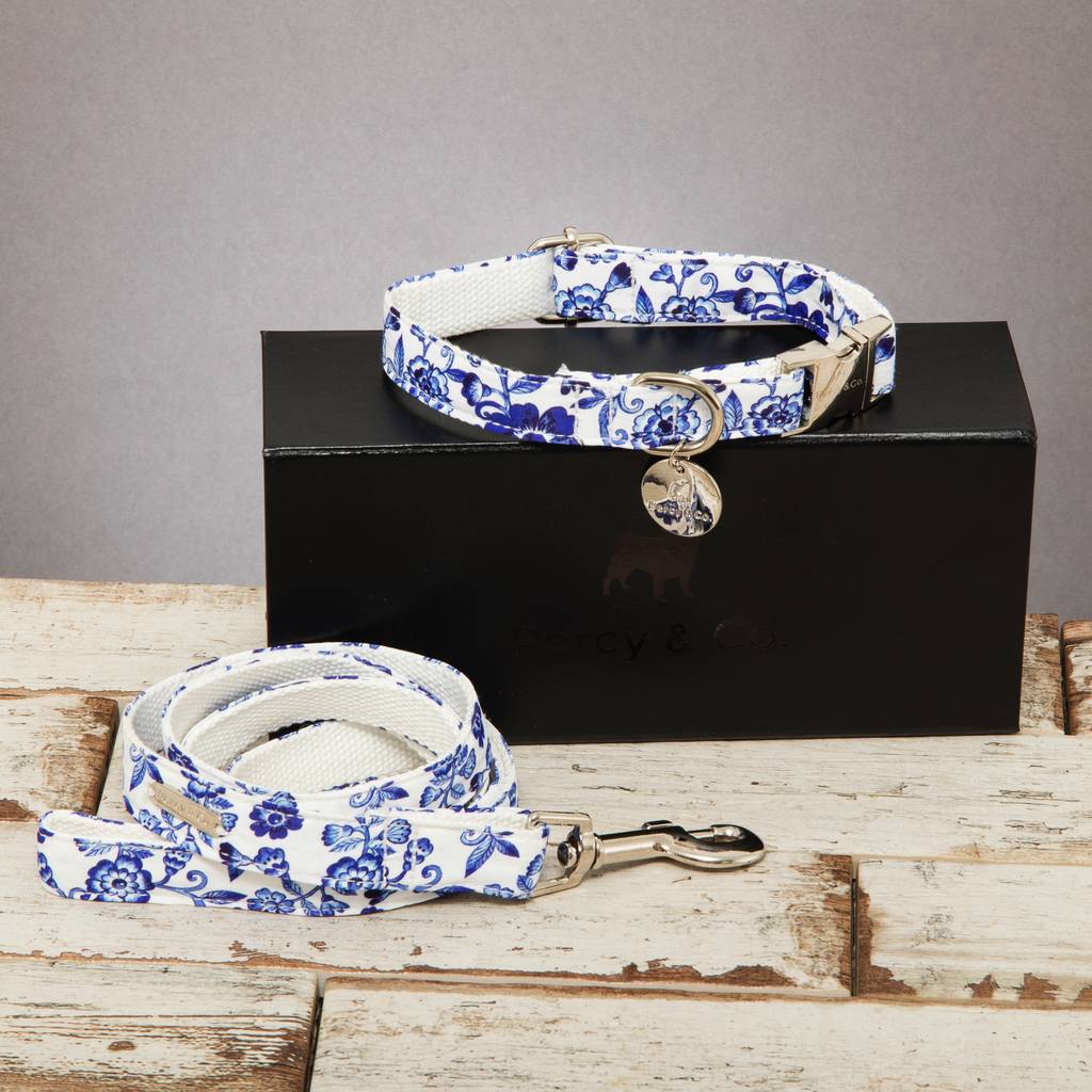 The Richmond Blue And White Floral Dog Collar Lead Set, 1 of 5