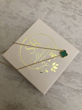 Gold Plated Green Single Clover Necklace, 5 of 7