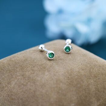 Tiny Emerald Green Cz Barbell Earrings Sterling Silver, 4 of 10