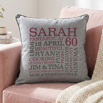 Personalised 60th Birthday Word Art Cushion, 6 of 8