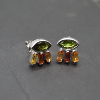 Green Tourmaline Stud Earrings: Silver, Red,Orange Drop, 4 of 6