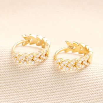 Semi Crystal Leaf Huggie Hoop Earrings In Gold, 2 of 3