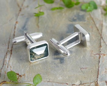 Natural Moss Agate Cufflinks In Sterling Silver, 2 of 3