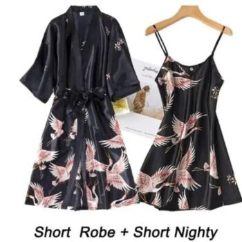 Two Pcs Robe Set Belted Lace Kimono Satin Nighty, 11 of 11