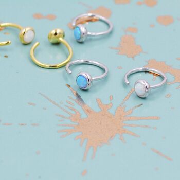 Sterling Silver Blue Or White Opal Huggie Hoop Threader Earrings, 5 of 11