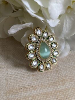 Indian Mint Green Gold Plated Teardrop Kundan Ring, 2 of 3