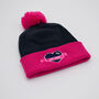 Pink And Navy Fine Knit Embroidered Dog Mama Beanie Hat, thumbnail 2 of 2
