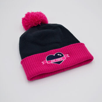 Pink And Navy Fine Knit Embroidered Dog Mama Beanie Hat, 2 of 2