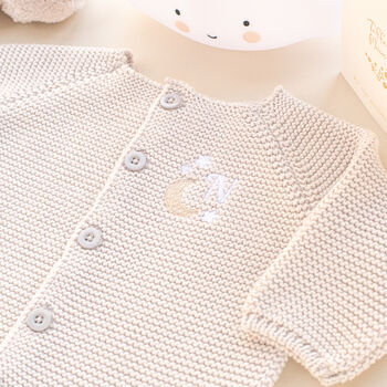 Personalised Blue Baby Boy Cardigan With Moon And Stars Embroidered Initial, 5 of 12