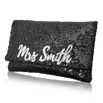 Black Or Navy Sequin Mrs Surname Clutch, 5 of 5