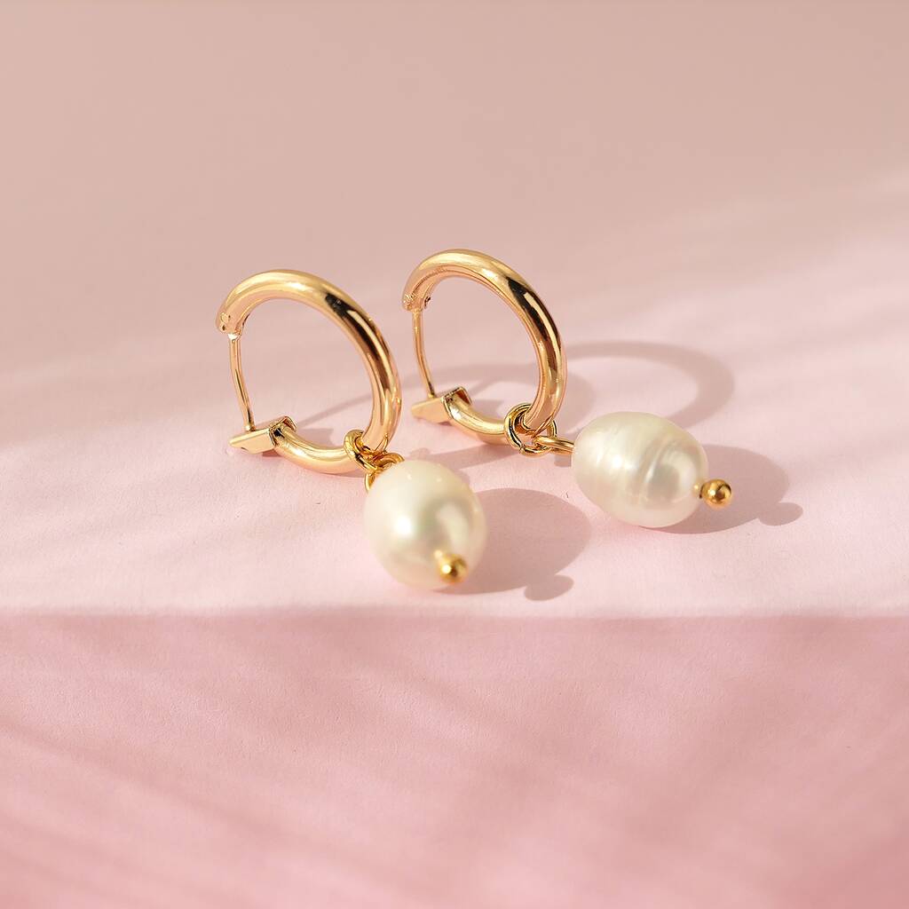 Thin Gold Hoop Earrings With Chunky Real Pearl Charms, 1 of 4