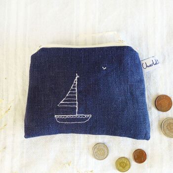 Embroidered Linen Boats Purse, 2 of 5