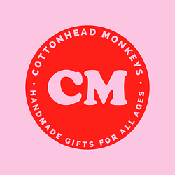 Cottonhead Monkeys pink and red logo featuring the words Handmade gifts for all ages