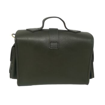 Small Leather Crossbody Satchel Handheld Handbag Khaki Dark Military Green With Side Pockets, 8 of 9