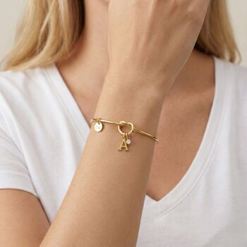 Gold Initial And Birthstone Adjustable Knotted Bangle, 2 of 7