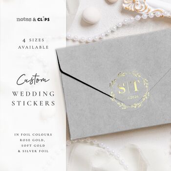Custom Foil Stickers For Wedding Invitation Envelopes And Favours Floral Wreath Monogram, 2 of 12