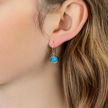 Sterling Silver Blue Opal Flower Drop Earrings, 3 of 8