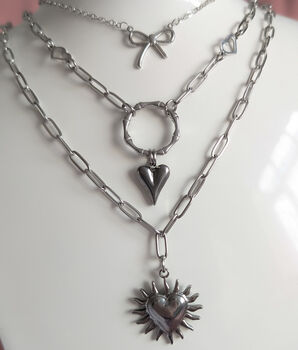 Womens Paperclip Chain Heart Bow Charm Necklace Set, 5 of 6