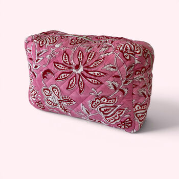 Xl Toiletry Bag | Quilted Cotton Large Wash Bag | Pink And Red Flower Block Print, 2 of 5
