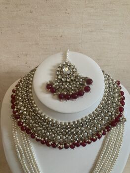 Indian Kundan Silver Maroon Pearl Mala Set, 5 of 9