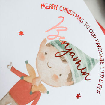 Personalised Elf Foil Christmas Card For Son Daughter, 3 of 5