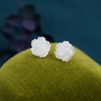 Hand Carved Mother Of Pearl Rose Flower Stud Earrings, 3 of 9