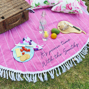 Personalised Round Blue Or Pink Picnic Or Beach Blanket, 2 of 7